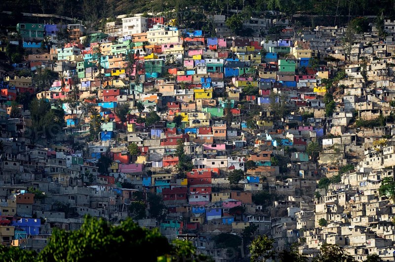 Brightly painted houses in a slum