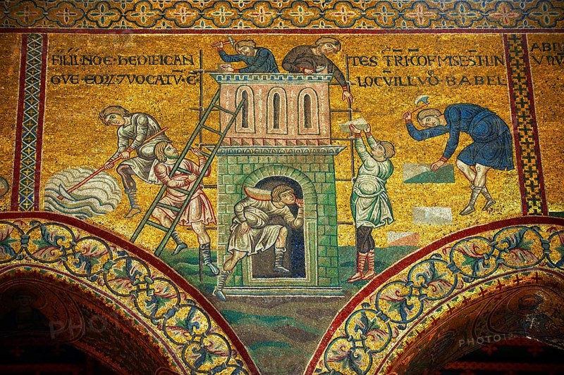 Byzantine mosaics of Building the Tower of Babel in the Monreale Cathedral