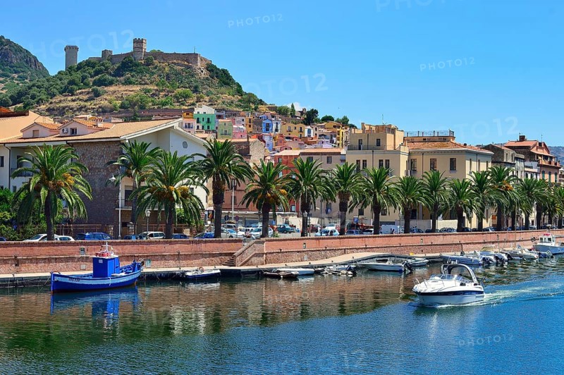 View from the river Temo onto the historic centre and the Malaspina castle ruins