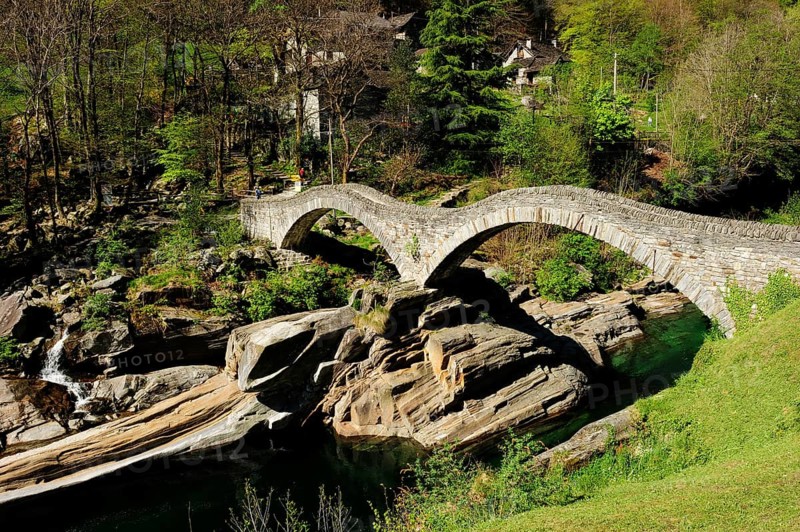 Ponte dei Salti pedestrian bridge in the Verzasca Valley spans the river Verzasca