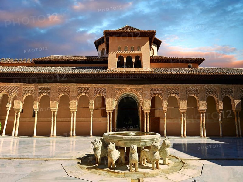 Arabesque Moorish architecture of the Patio de los Leones or Court of the Lions