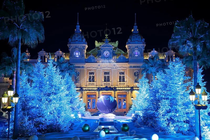 Square of the Monte-Carlo Casino at Christmas time with illuminated Christmas trees
