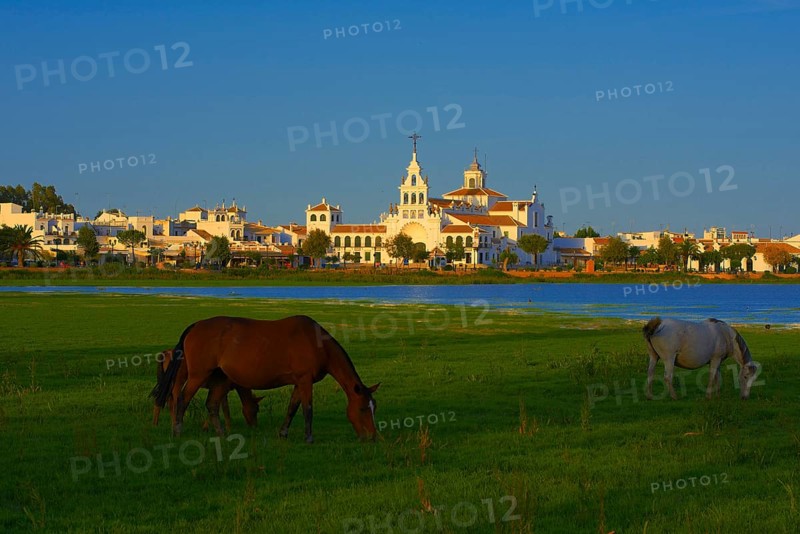 El Rocio village and Ermita del Rocio hermitage in morning light
