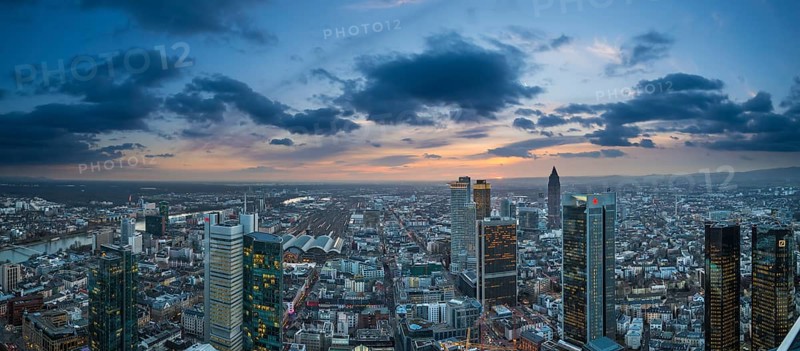 View of the city at sunset from the Main Tower with skyscrapers in the financial district