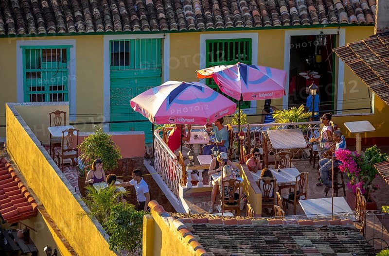 View from the bell tower of the church Convento de San Francisco de Asis onto a terrace