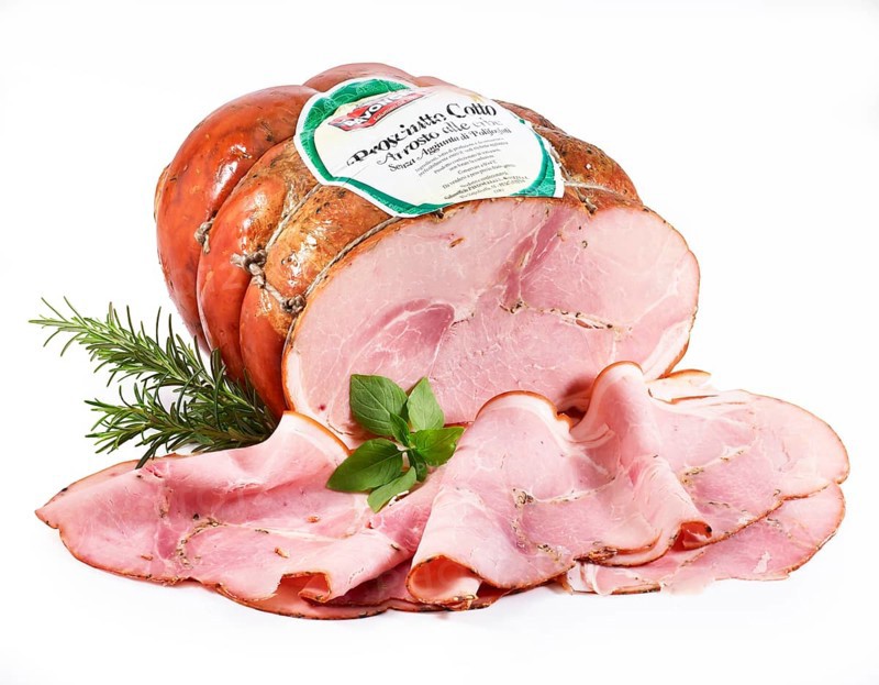 Ham with Rosemary (Rosmarinus officinalis) and Thai basil (Ocimum basilicum var. thyrsiflora) as decoration