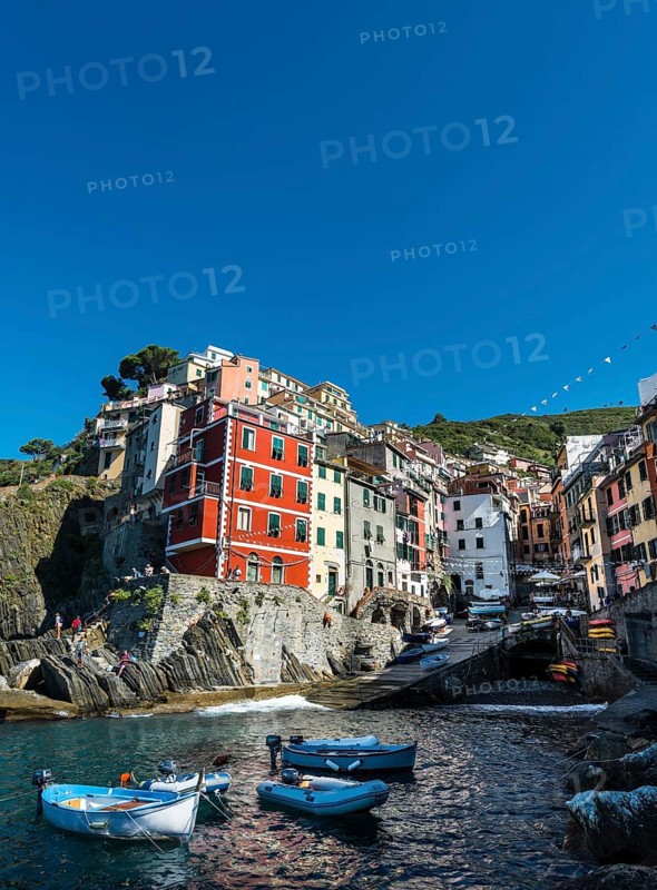 Town view with harbor and colorful houses