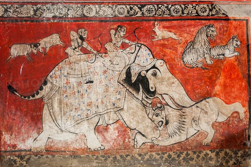 Old mural depicting a lion hunt in the City Palace of the Maharaja