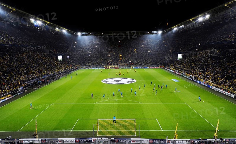 The sold-out Signal Iduna Arena before the kickoff of the UEFA Champions League game Borussia Dortmund vs Arsenal