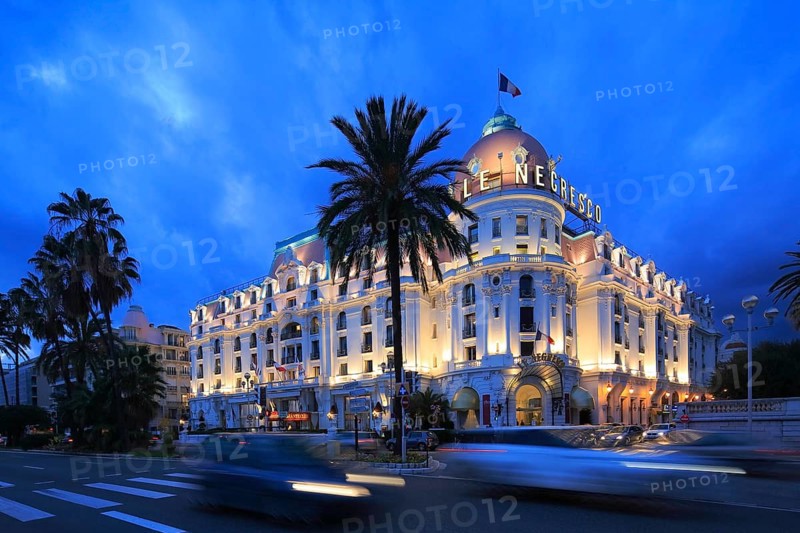 Hotel Le Negresco on the Promenade des Anglais in the evening