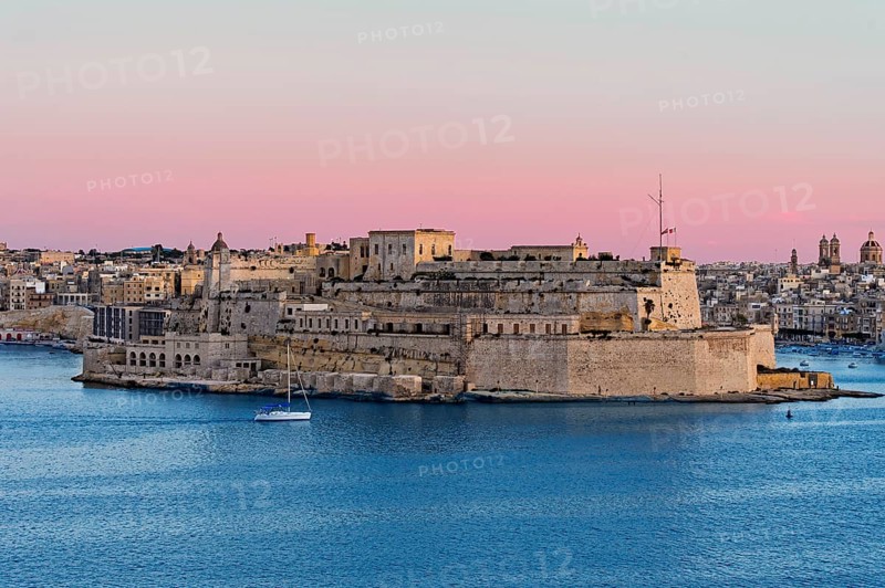 View from Valletta of the fortress Fort St. Angelo in the centre of the Grand Harbour