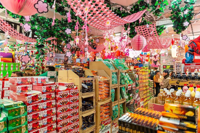 Piled packs of sweets in the decorated shop for the Hanami Fest
