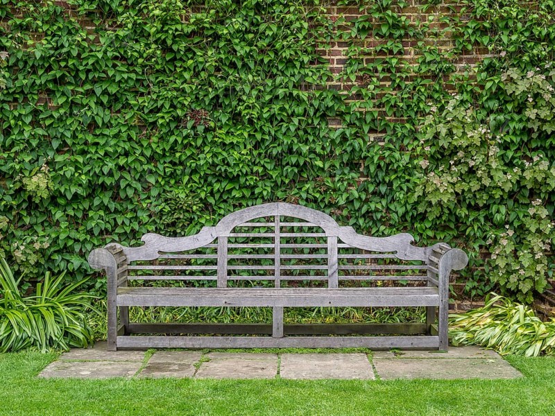 Wooden bench designed by Sir Edwin Lutyens in the rose garden at Sissinghurst Castle with Clematis 'Perle d'Azur' at back
