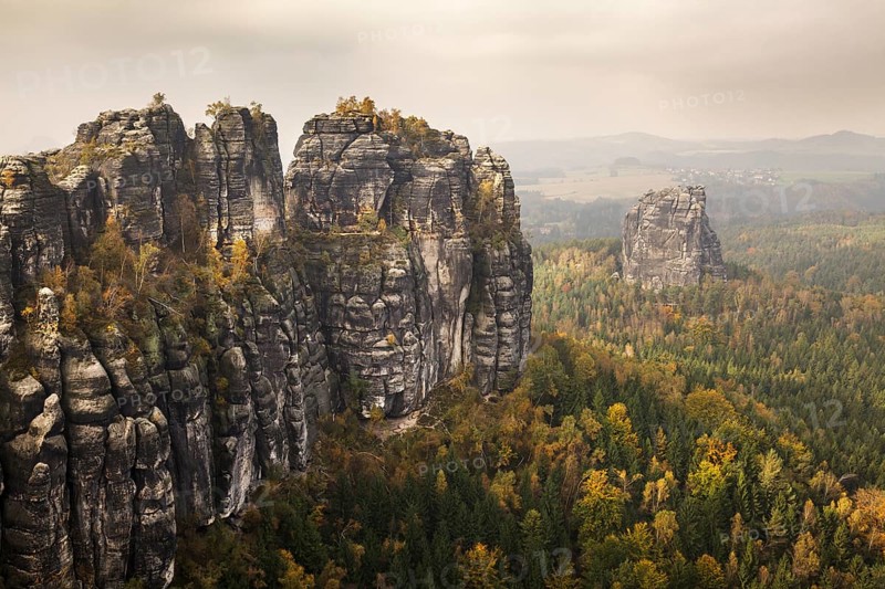 View of the Schrammstein rocks in the Elbe Sandstone Mountains