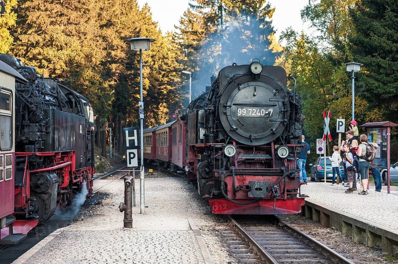 Two Brocken Railway steam trains tracks at Schierke Railway Station