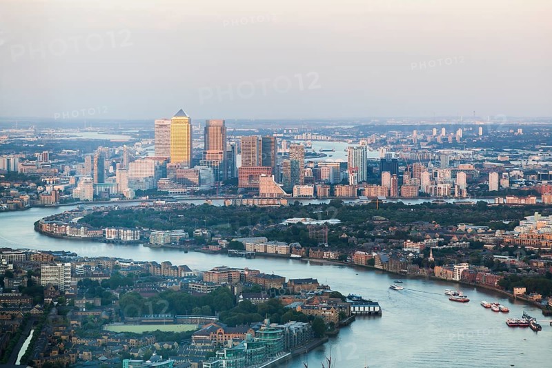 View of the Canary Wharf financial center and the river Thames