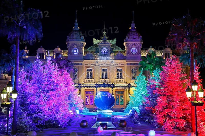 Square of the Monte-Carlo Casino at Christmas time with illuminated Christmas trees