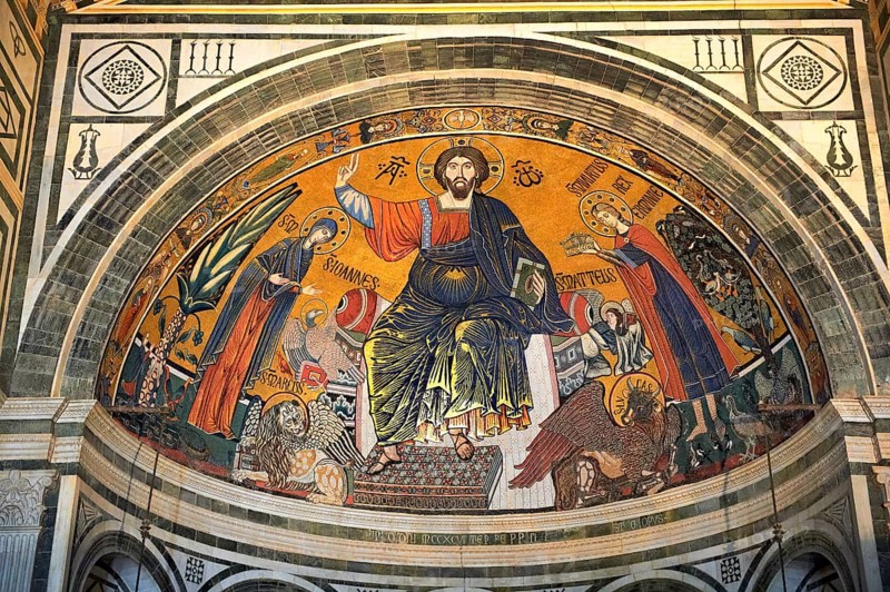The medieval Romanesque style Byzantine mosaic of Christ between the Virgin Mary and St Minias