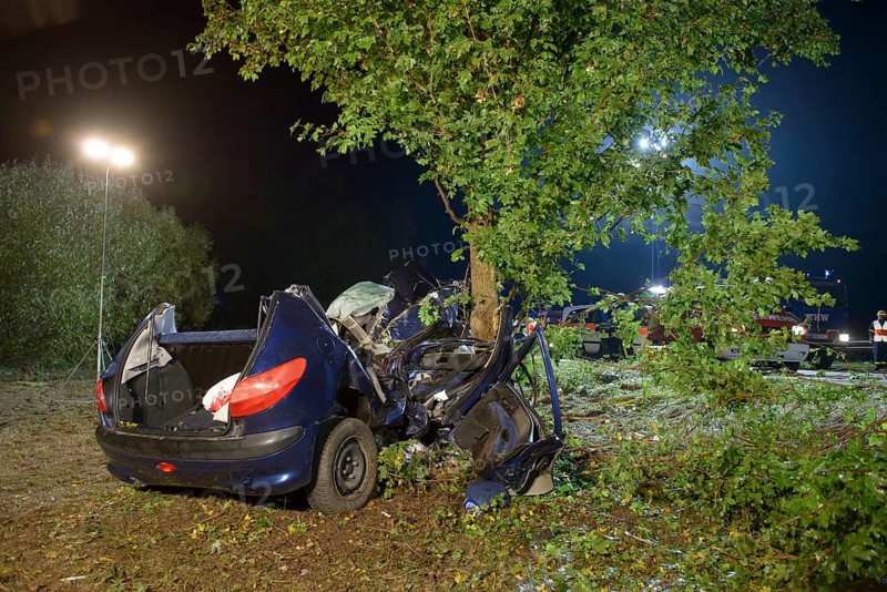 The wreckage of a Peugeot after fatally crashing into a tree