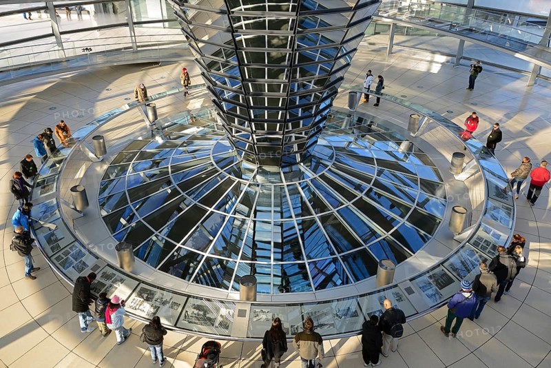 Interior with the mirrored central column of the dome of the Reichstag building