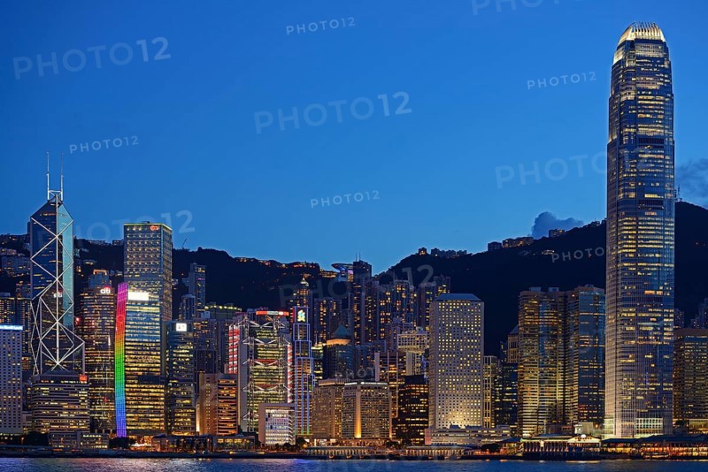 View at the blue hour from Kowloon on Hong Kong Island's skyline on Hong Kong River