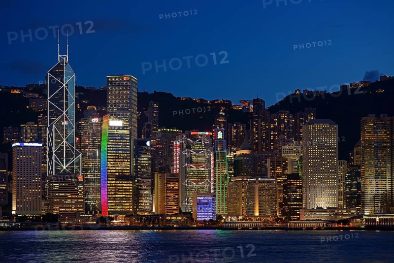 View at the blue hour from Kowloon on Hong Kong Island's skyline on Hong Kong River
