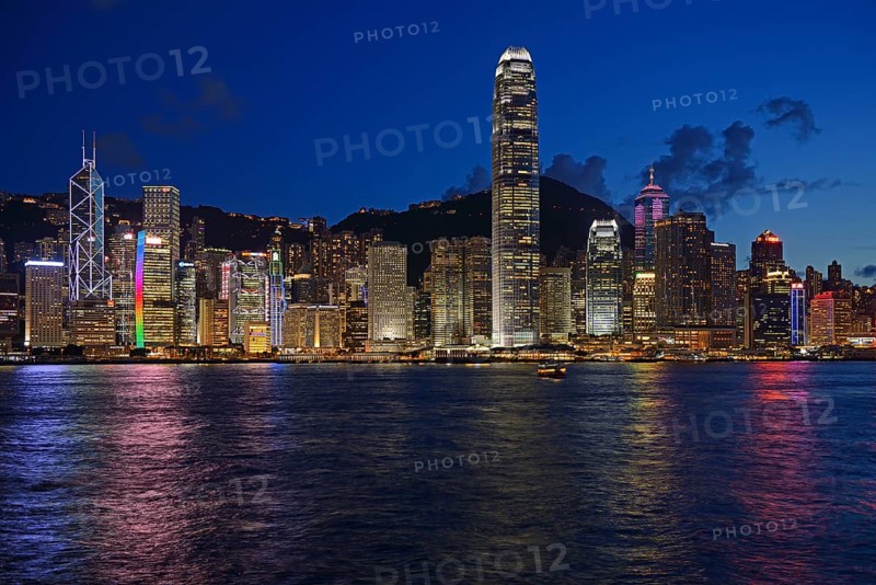 View at the blue hour from Kowloon on Hong Kong Island's skyline on Hong Kong River