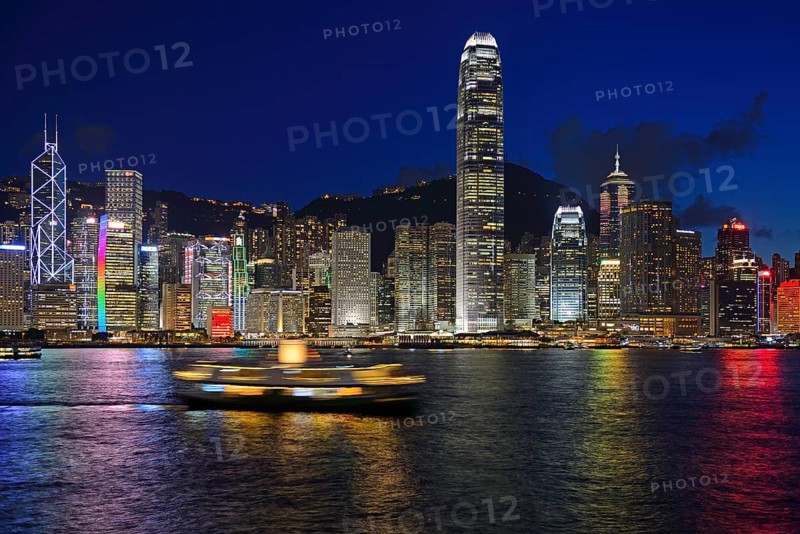 View at the blue hour from Kowloon on Hong Kong Island's skyline on Hong Kong River