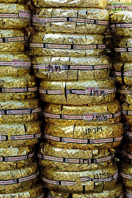Kenda off-road tyres wrapped in gold foil