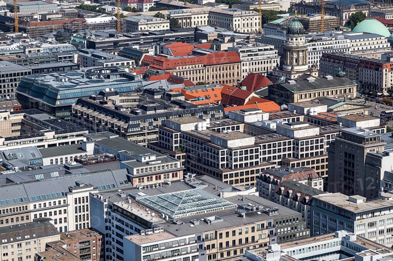 Top view of the centre of Berlin with the German and French Cathedrals on Gendarmenmarkt square