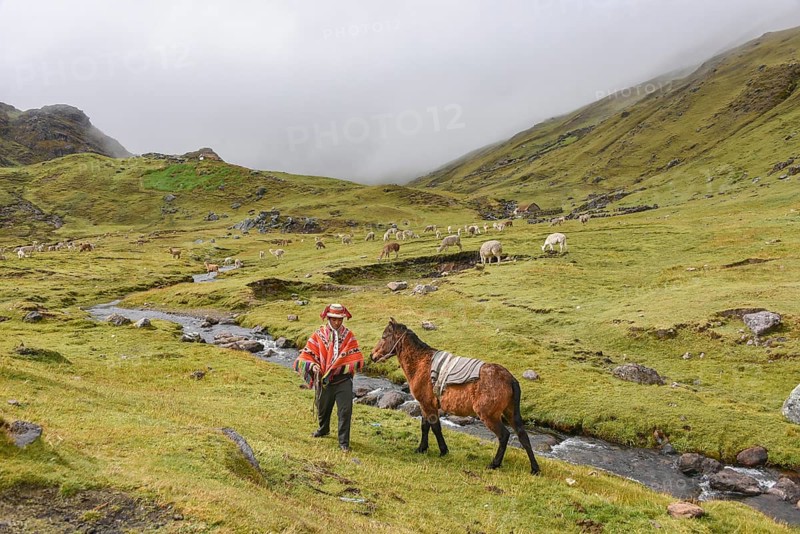 Indio mountain guide with colourful poncho with horse