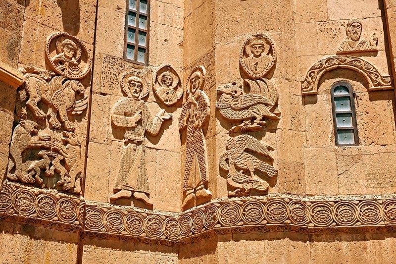 Bas-relief sculptures with scenes from the Bible on the outside of the 10th century Armenian Orthodox Cathedral of the Holy Cross on Akdamar Island
