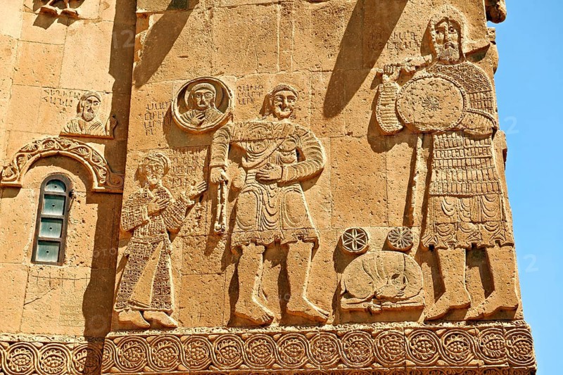 Bas-relief sculptures with scenes from the Bible on the outside of the 10th century Armenian Orthodox Cathedral of the Holy Cross on Akdamar Island