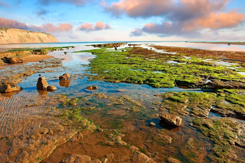 Rock pools on the beach of the historic fishing village of Robin Hood's Bay