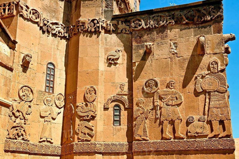 Bas relief sculptures with scenes from the Bible on the outside of the 10th century Armenian Orthodox cathedral of the Holy Cross on Akdamar Island