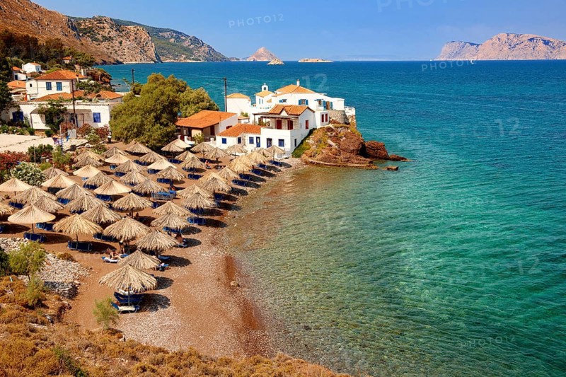 Vlychos village and beach with umbrellas