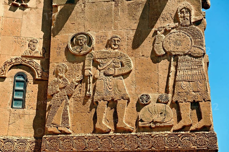 Bas-relief sculptures with scenes from the Bible on the outside of the 10th century Armenian Orthodox Cathedral of the Holy Cross on Akdamar Island