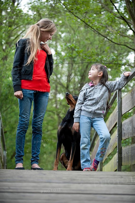 Two girls standing with a Doberman on a bridge