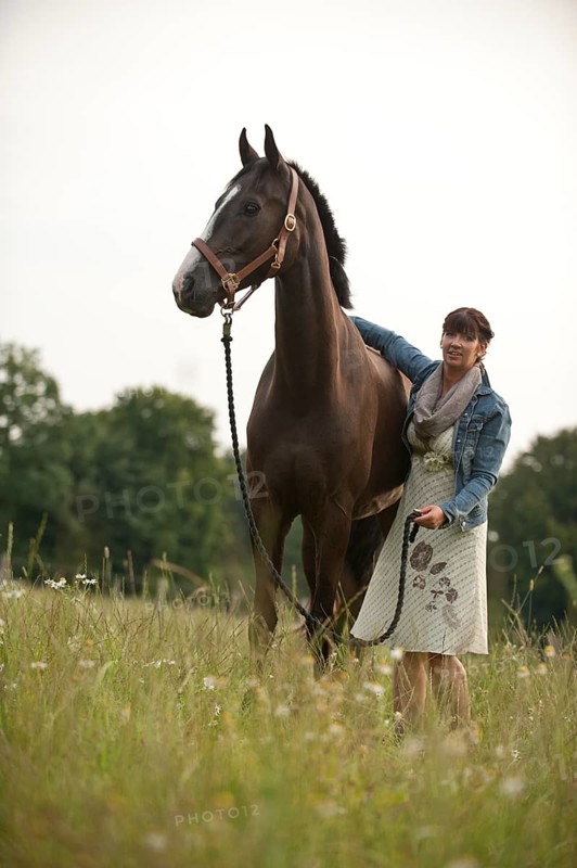 Woman standing beside a Hanoverian horse in a meadow