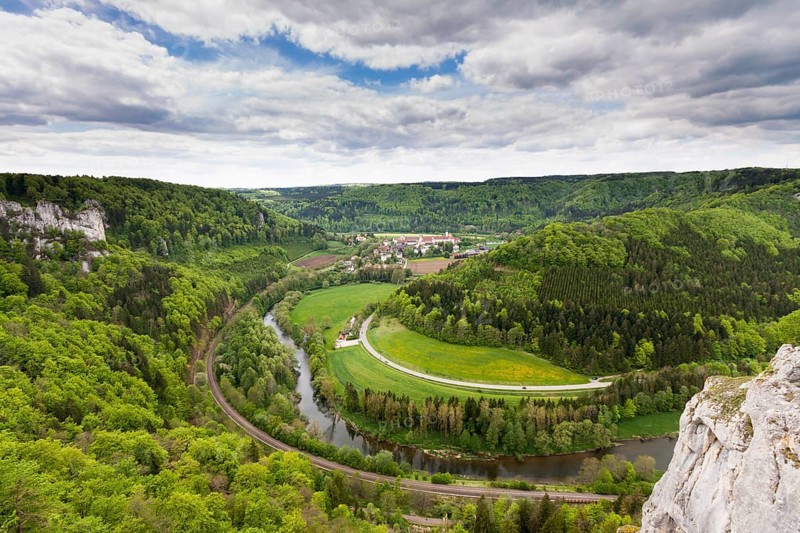 View over the Danube Valley towards Beuron Archabbey in the Danube valley