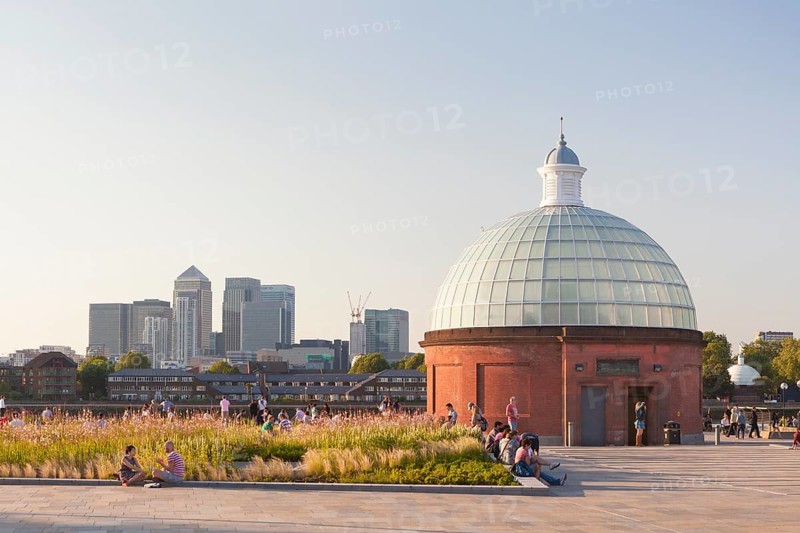 Greenwich foot tunnel entrance with Canary Wharf in the distance