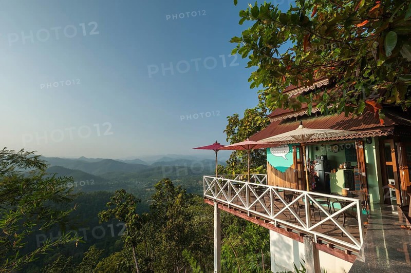 Parasols on a café terrace with a view