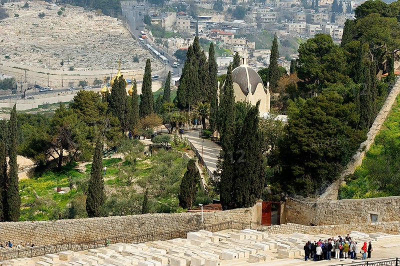 View from the Mount of Olives over the Jewish cemetery on the Dominus Flevit Church