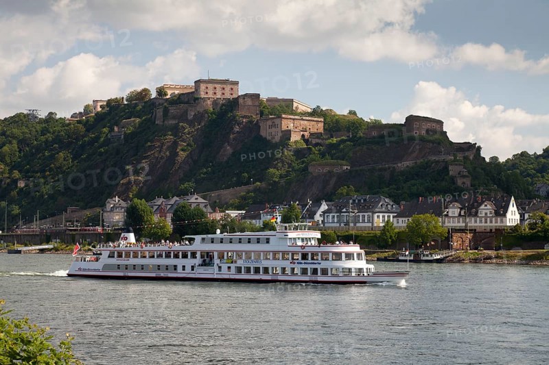 Stolzenfels excursion boat on the Rhine river in front of Ehrenbreitstein Castle