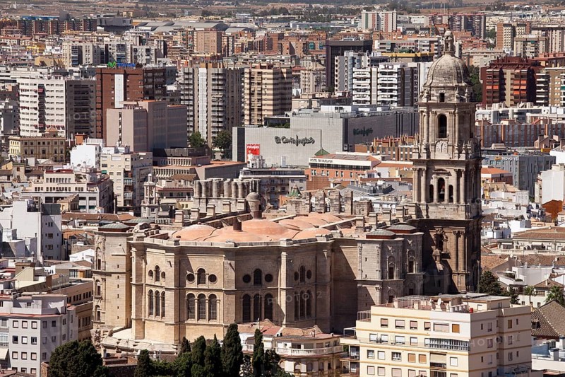 View from Monte de Gibralfaro over the historic town centre with Malaga Cathedral Catedral de la Encarnacion