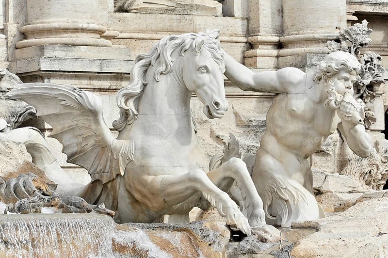 Detail view of the statue "Horse with Triton"