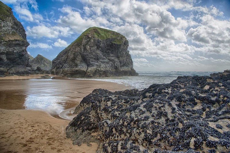 View of beach with slate outcrops