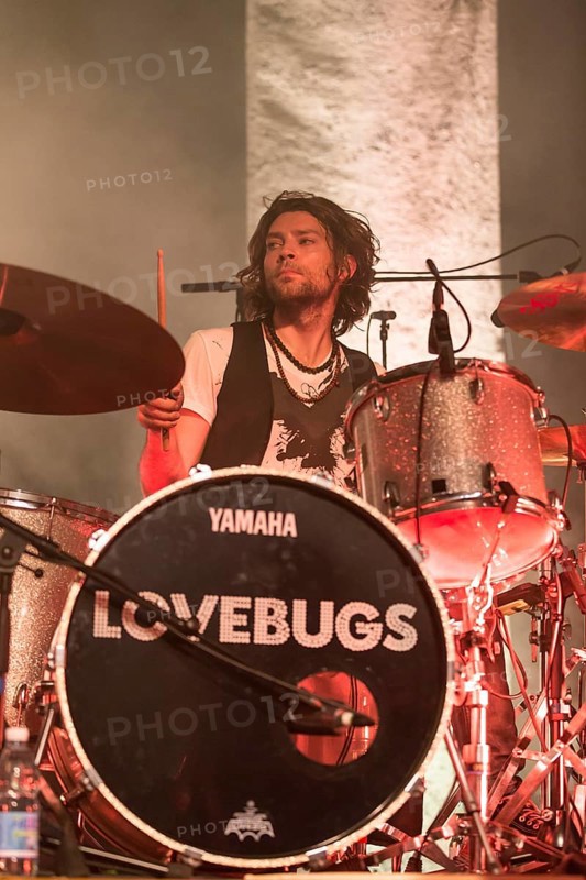 Drummer Simon Ramseier from the Swiss pop band Lovebugs performing live in the Schueuer concert hall