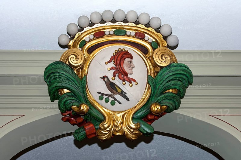 Double coat of arms of the L'Abbaye des Gentilshommes at the entrance of the society's house in the historic town centre of Bern