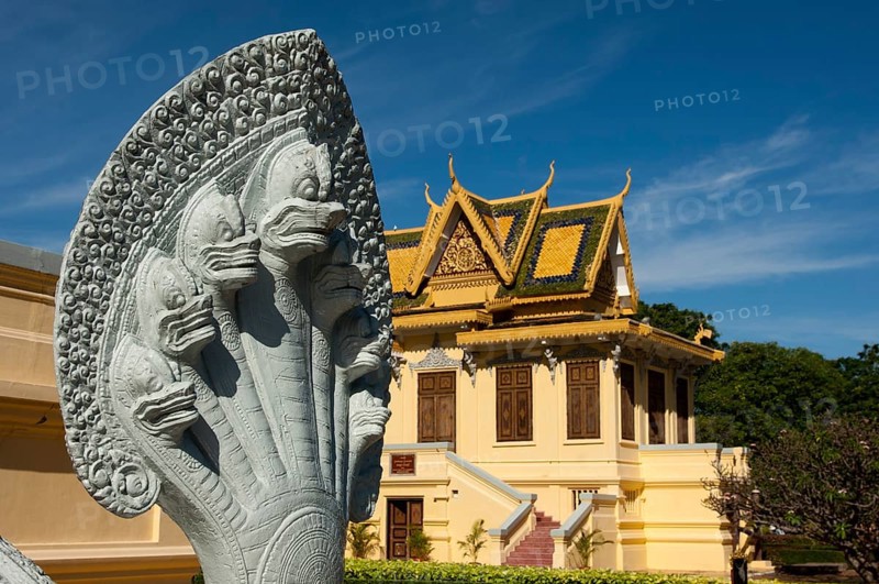 Sculpture of a seven-headed Naga snake in front of the Royal Hor Samran Phirun pavilion on the grounds of the Royal Palace